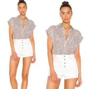 Rails Women's Whitney Button Down Top L Sand Cheetah Linen Blend Short Sleeve